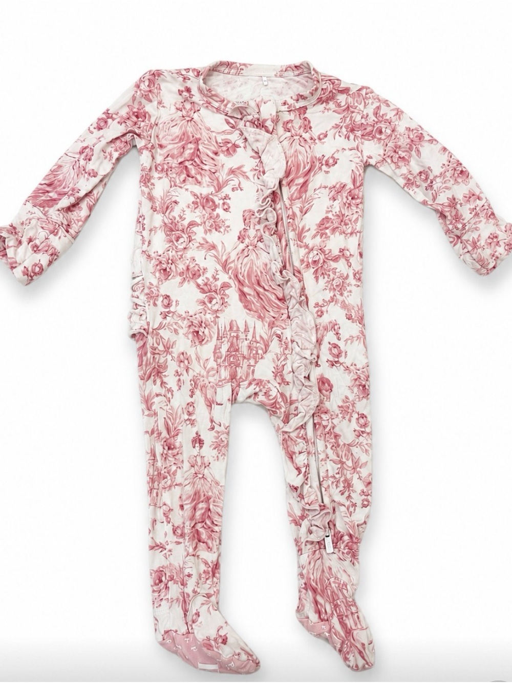 Posh Peanut Rose Print Ruffle Footed One-Piece in White and Pink